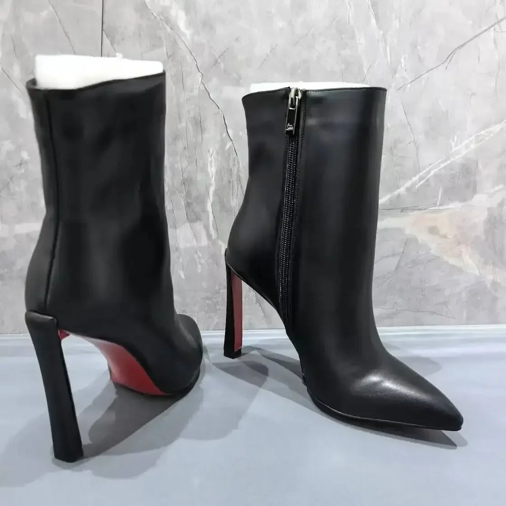 Black Leather Botas De Mujer Pointed Toe Shoes Female High Heels Red Sole Mid-Calf Boots For Women Office Lady Banquet Elegant