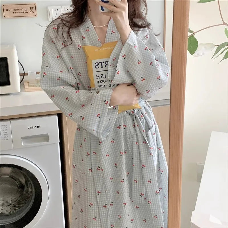 bathrobe women's bathing love plaid loose long sleeve long kimono V-neck lace up trousers nightgown sexy robe women's girl