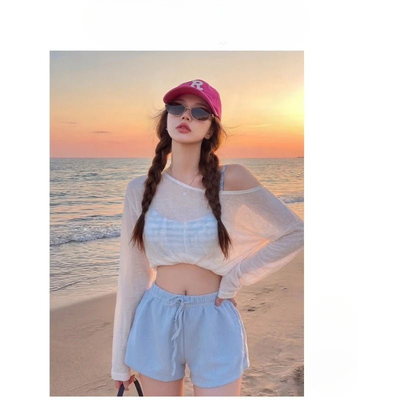 Women's 3-Piece Beach Outfit Sheer Long Sleeve Cover Up with Cami Top and Shorts, Casual Vacation Swimsuit Coverup Set