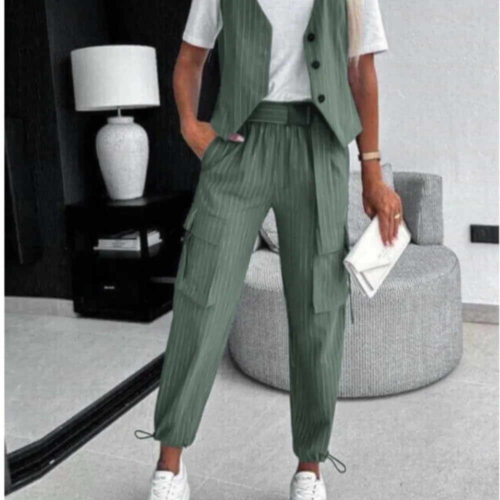 Women's Fashion Striped Printed Vest Trousers 2-Piece Set Spring Summer New Casual Sleeveless Vest Pocket Work Pants Female Set