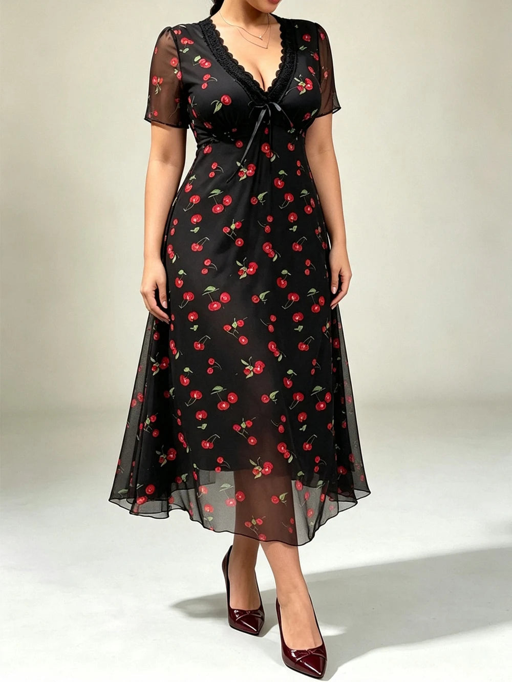 Vestido Midi Elegante De Talla Grande Con Estampado De Cerezas Y Ribete De Encaje, Adecuado Para Ir Al Trabajo