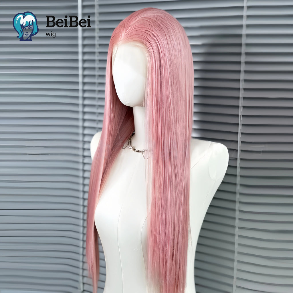 13×4 Rose Pink Synthetic Lace Front Wigs 26inch Long Straight for White Women Heat Resistant Fiber Peluca for Cosplay Daily Wear