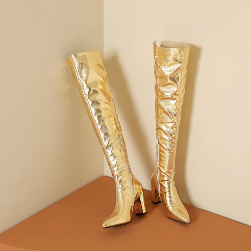 Sexy Over the Knee High Boots Women Party Dance Winter Shoes Ladies Silver Gold Thick High Heel Custom Botas Feminina WSH4928