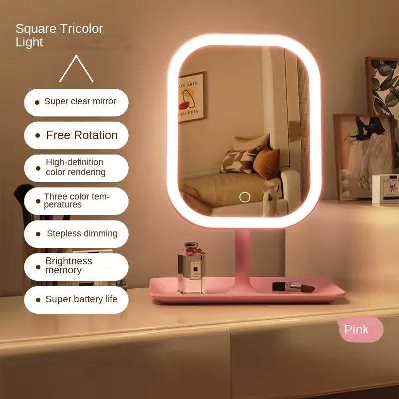 LED Makeup Mirror with 3 Colors Light Desktop Vanity Mirror Touching Mirror with Storage Base Portable