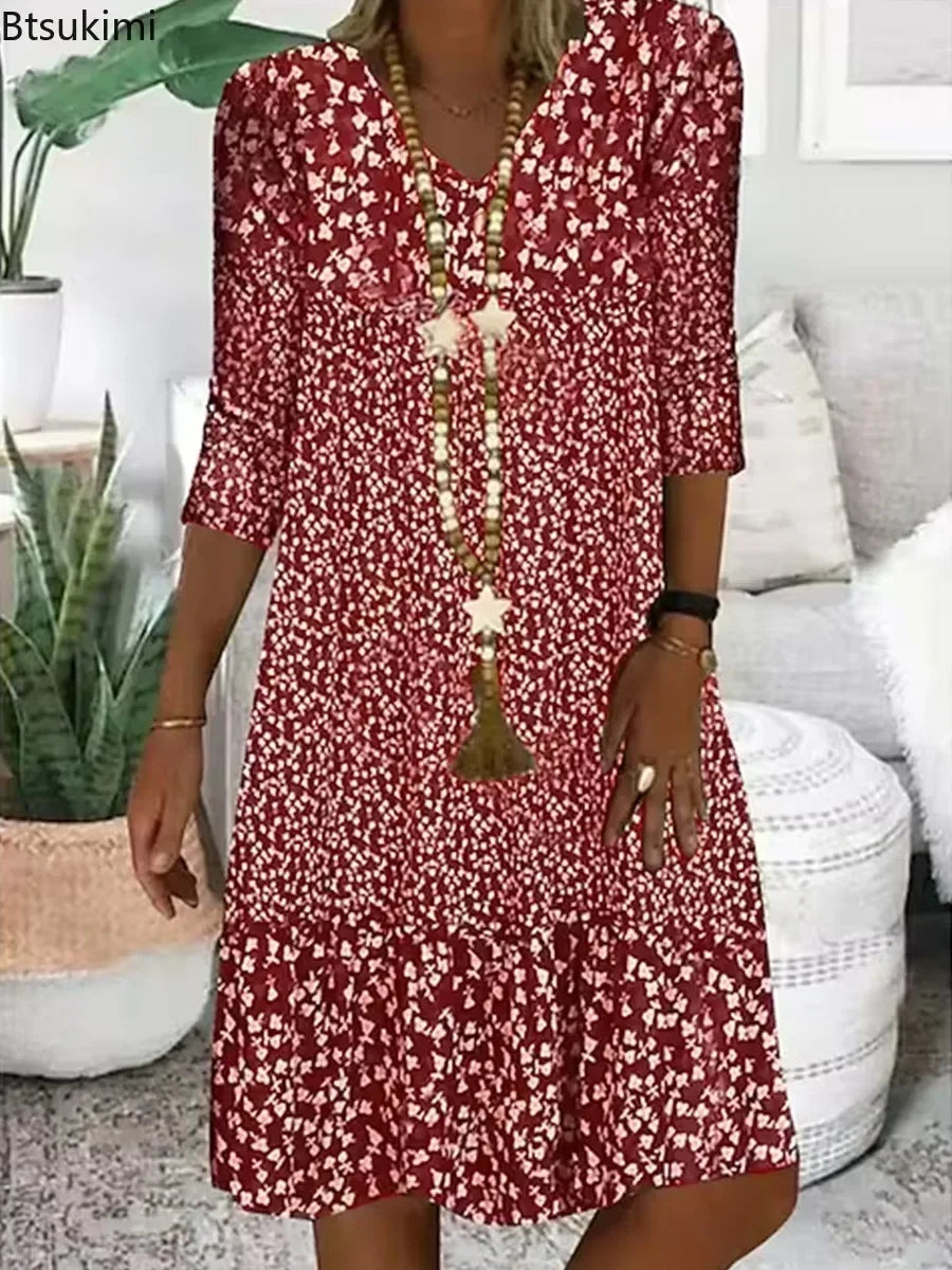 Summer Dress Women Vintage Floral Printed A-Line Dress Fashion V-neck Boho Beach Skirt Elegant Party Dress Casual Vestidos Femme