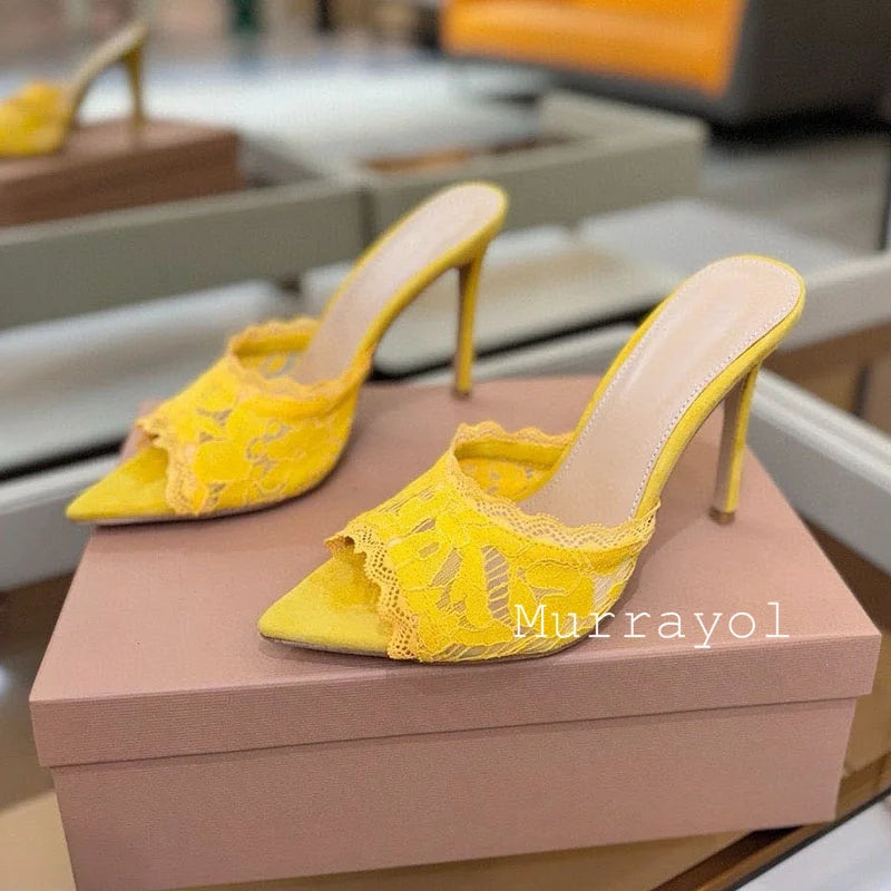 Slippers Women Mesh Gauze Pointed Toe Thin High Heels Sandals Summer Party Dress Sandalias Ladies Lace Stiletto Zapatos De Mujer