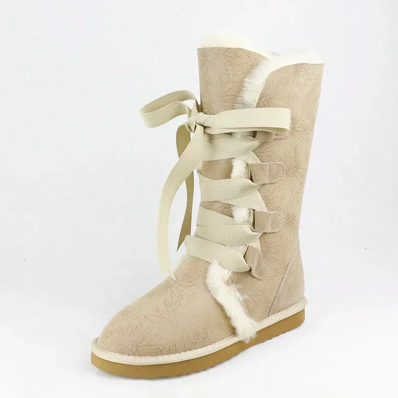 New Fashion High Snow Boots Women Boots 100% Genuine Sheepskin Leather Lace Up Long Boots Natural Fur Warm Wool Winter Boots