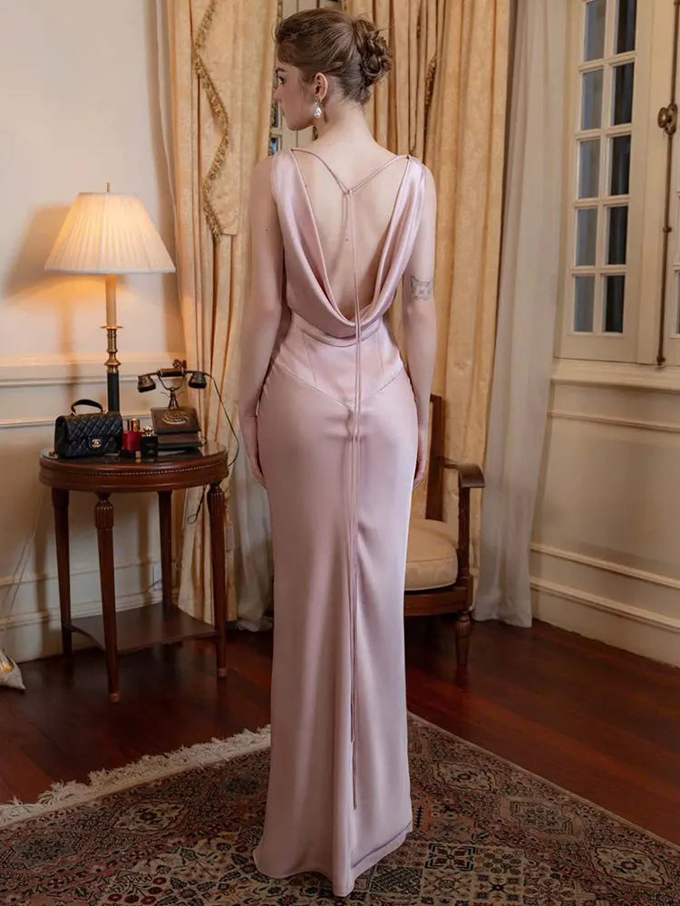 GACVGA Satin Elegant Maxi Evening Dress for Women Summer Sleeveless Backless Robe Gown Club Sexy Bodycon Long Dress Vestido