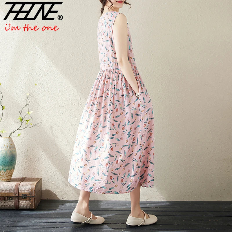 Vestidos De Mujer Summer Dress for Women Floral Print  Cotton Linen Retro New Sleeveless Pullover A-line Loose Long Maxi Dresse