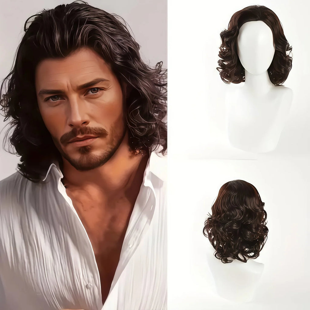 Men's and Women's Medium to Long Wavy Wig with Bangs and Curly Brown Short Curly Synthetic Wig, Natural Wavy Black Brown