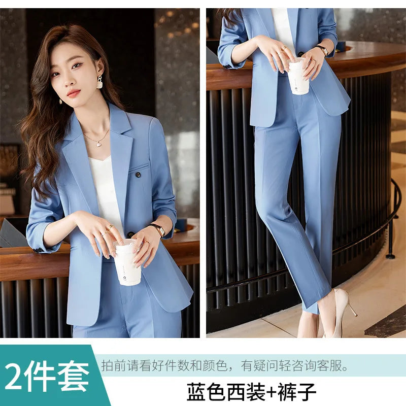 Blue/Coffe/khaki casual business women' suit spring and autumn high-end workplace temperament double-breasted suit trousers suit