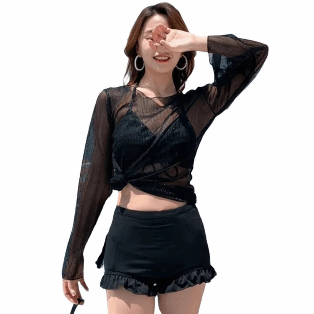 Beachwear Ruffles Bikini Set Transparent Pullover Slim Fit Long Sleeve Swimsuit Sun Protection Lace-up Bathing Suit Resort