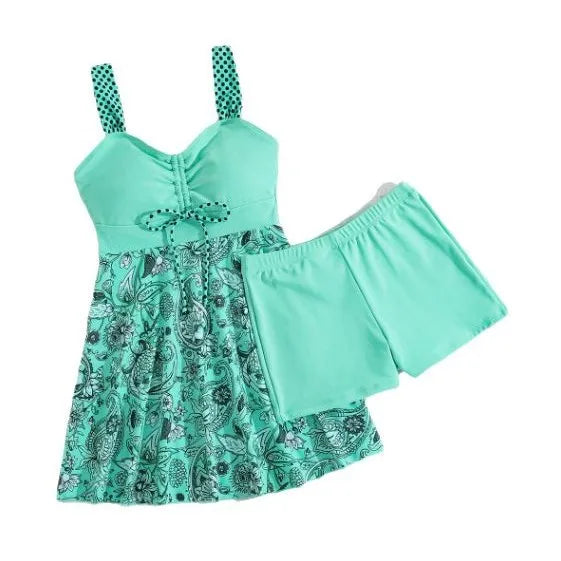 2025 Women's Modest Swim Dress Bikini Set Sexy Blue Floral Two-Piece Swimwear with Skirt Cover Summer Beach Swim Outfits Holiday