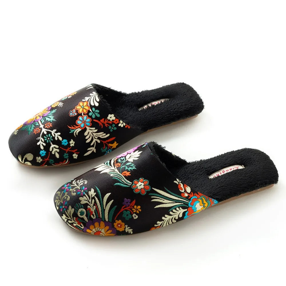 Women's Home Slippers Men Winter Warmth Indoor Slippers Ladies Shoes Embroidered Flower Slippers for Women House Shoes