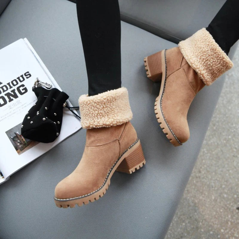 Womens Boots Female Winter Shoes Fur Snow Boots Warm Plush Women's Shoes Square High Heel Ankle Boots Black Botas De Mujer