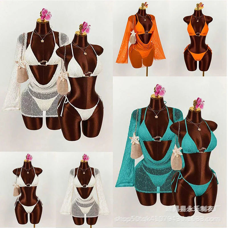 Women Bikini Triangle Top High Waist Bottom Beachwear With Shorts Women's Swimwear Halter Neck Orange Two Piece Swimsuit