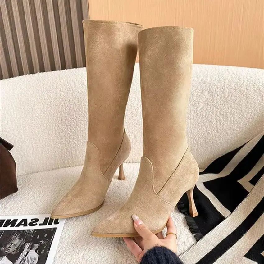 Zapatos De Mujer Winter Women Knee-High Boots Street Pointed Toe Thin High Heels Faux Suede Ladies Shoes Long Botas De Mujer