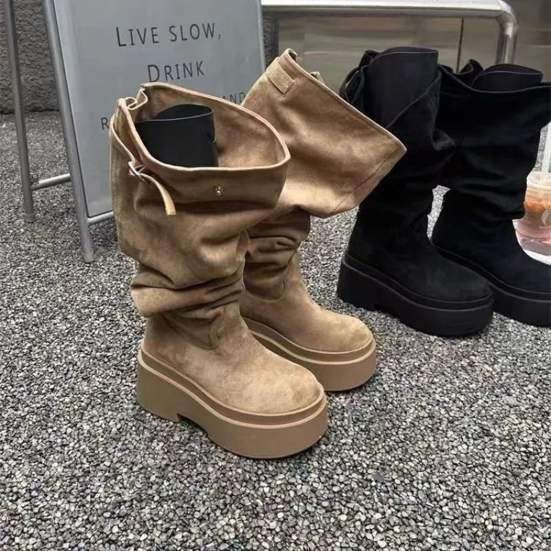 2026 Women's Fashion Thick Heels Knee High Boots Flock Slip on Western Boots Woman Spring Autumn Soft Leather Short Botas Mujer