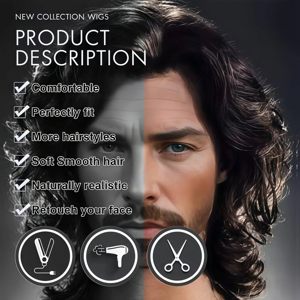 Men's and Women's Medium to Long Wavy Wig with Bangs and Curly Brown Short Curly Synthetic Wig, Natural Wavy Black Brown