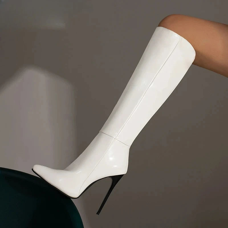 Women Knee High Boot Sexy Pointed Tip High Heeled Boots for Woman Luxury Patent Leather Stretch Boots Designer Shoes Botas Mujer