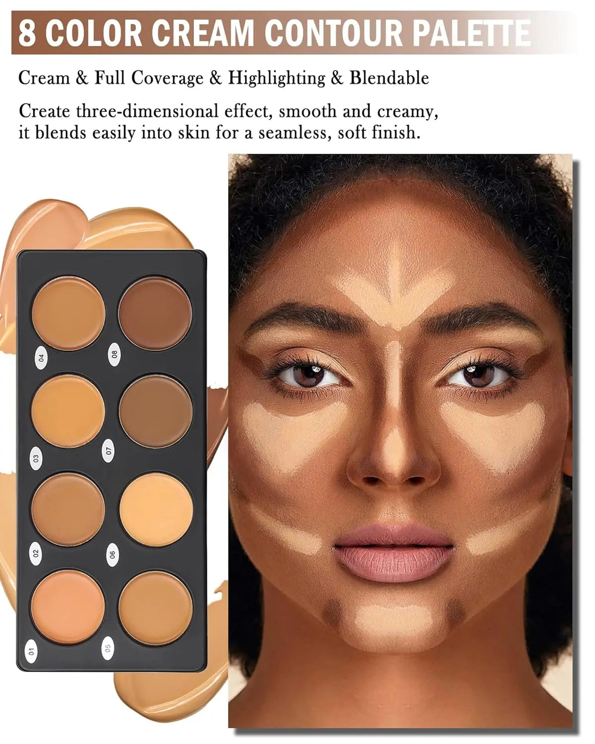 8 Color Cream Contour Palette Makeup, Long Lasting Full Coverage Concealer for Black Women, Contouring Foundation, Sculpt & High