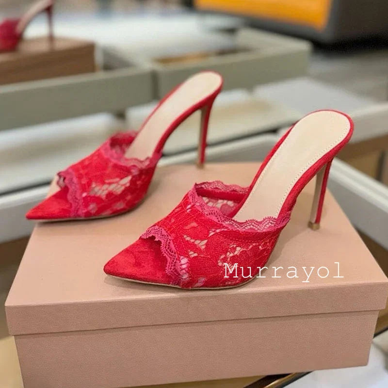 Slippers Women Mesh Gauze Pointed Toe Thin High Heels Sandals Summer Party Dress Sandalias Ladies Lace Stiletto Zapatos De Mujer