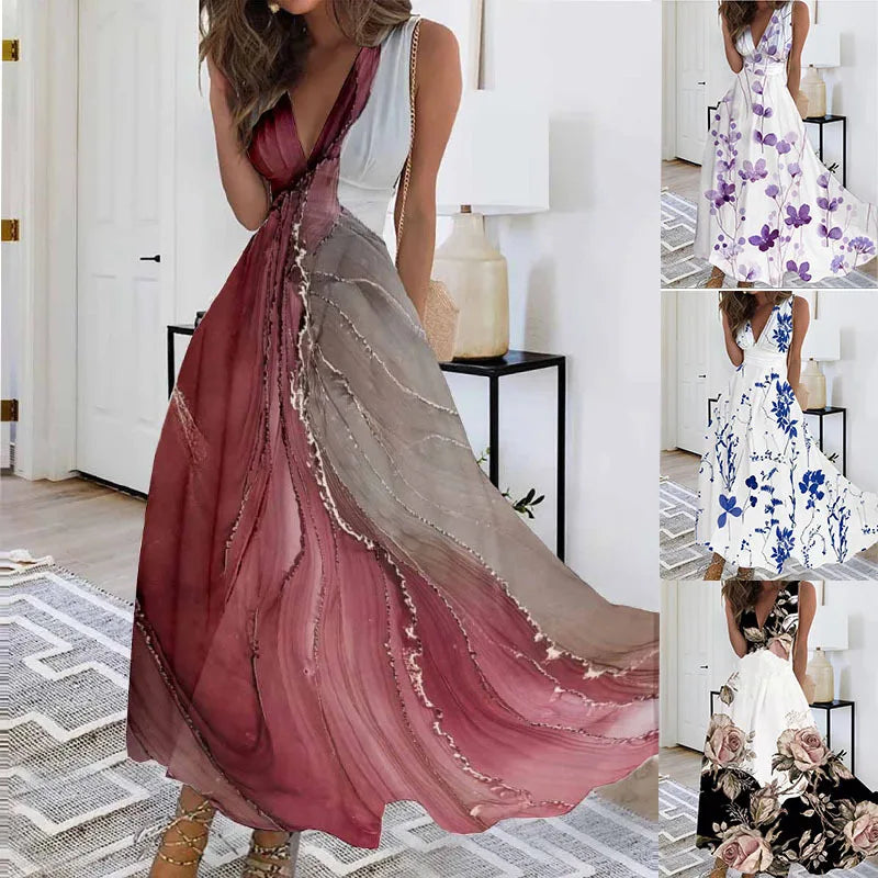 Women Dresses 2026 summer new V-neck high-waisted sleeveless floral printed sexy vest long dress women's clothing vestidoes