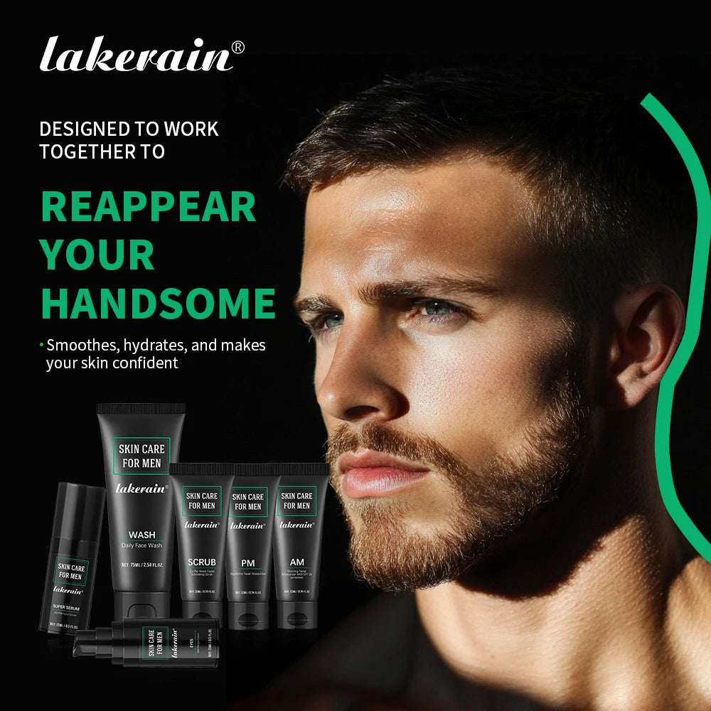 Lakerain Skin Care for Men Kit Oil Control Skin Firming Increase Hydrate Deep Cleaning Face 7 PCS Per Set Travel Skin Care Kit