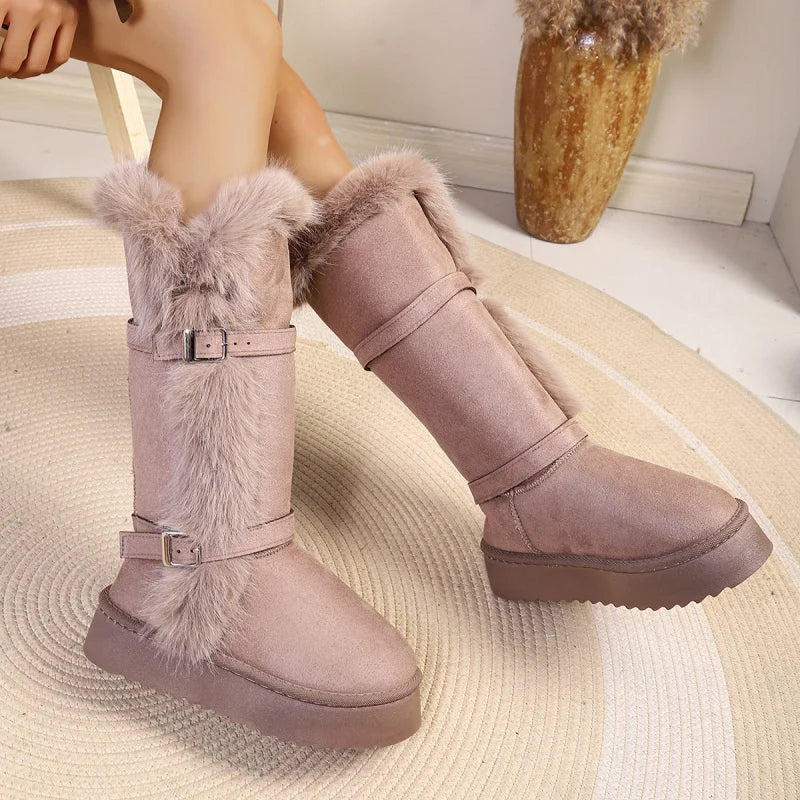 *Fashionable Hot Selling Sexy Warm Snow Boots for Women Winter New Round Toe Thick Sole Comfortable Casual Mid Length Boots