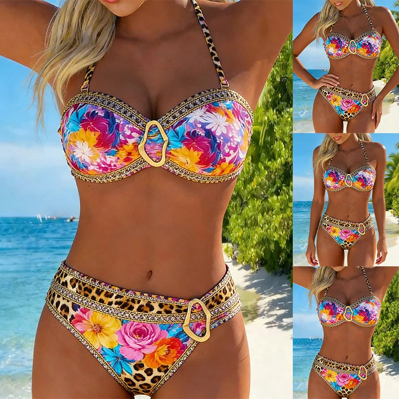 Women's High Cut Bikini Set Solid Color Bandeau Top Bottom Bathing Suit Sexy Beachwear Summer Swimming Wear