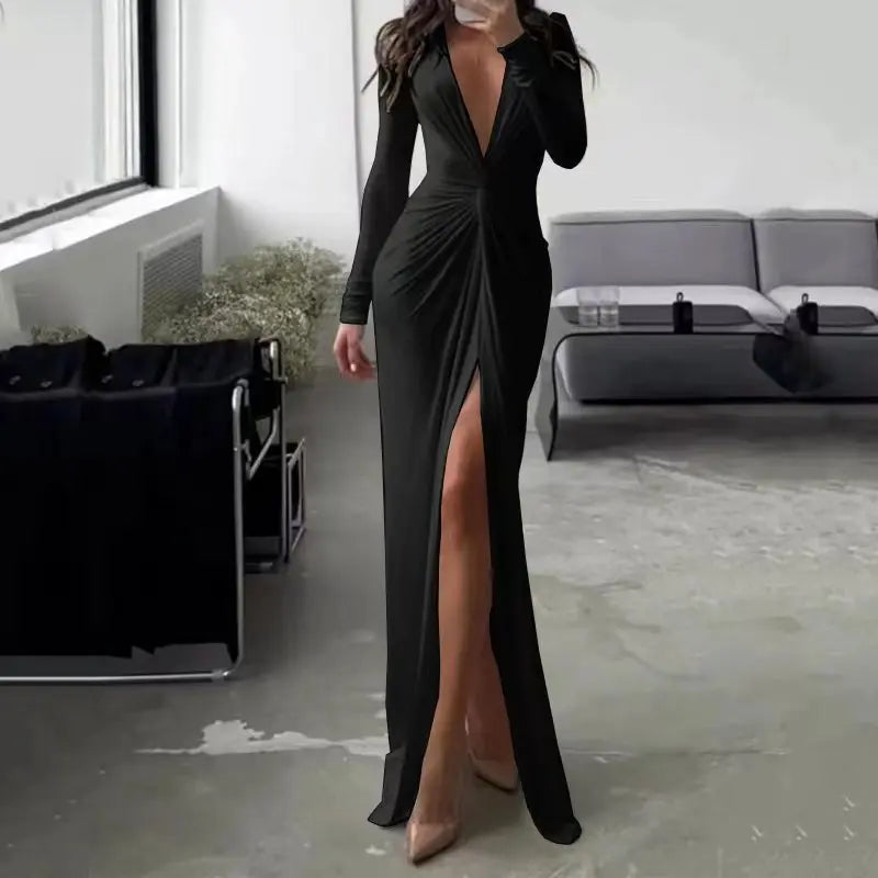 2026 Sexy Bodycon Dresses for Women Slim Fit Deep V-neck Party Prom Evening Party Club Dress Hem Split Outfits Evening Vestidos