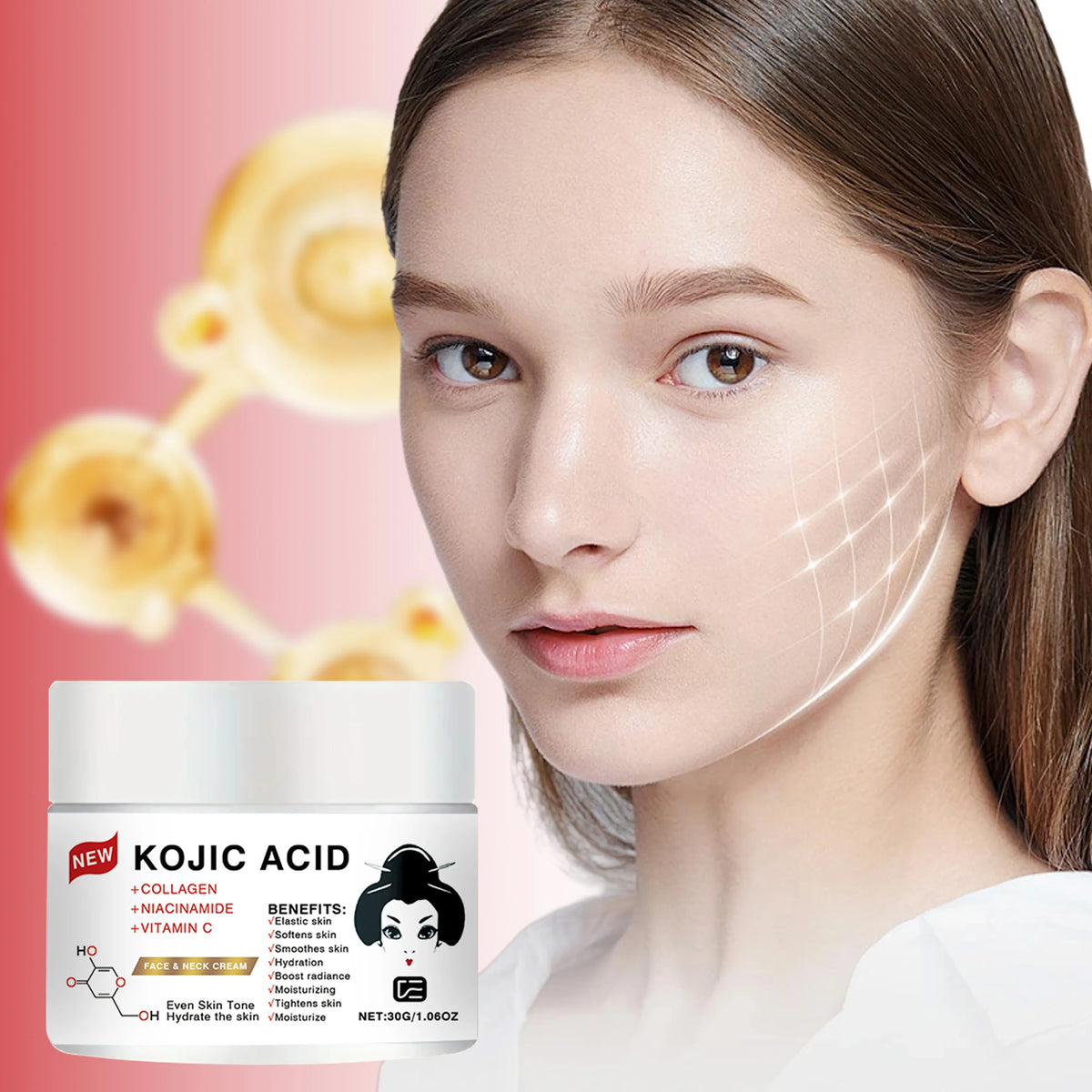 KOJIC ACID FACE & NECK CREAM - Hydrating, Moisturizing, Firming & Smoothing, for All Skin Types, a Must-Have for Daily Skincare