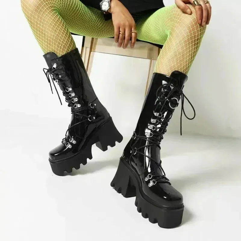 Women High Boots Cosplay Mid-calf Boots High Platform Wedges Boots 2025 Autumn Winter New Designer Gothic Shoes for Women Botas