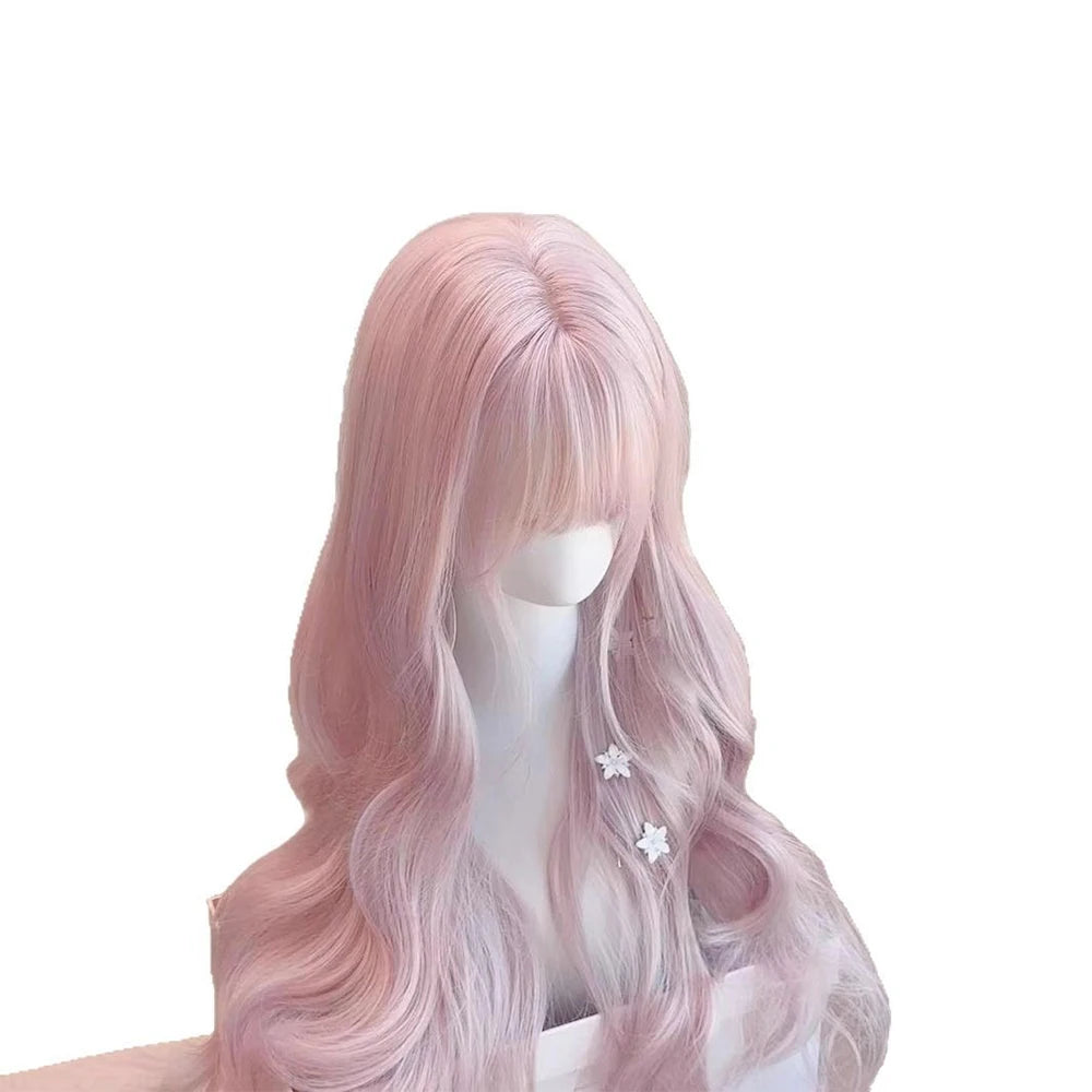 Pink Wavy Synthetic Wig with Bangs Natural Long Curly Hair Cosplay Lolita  Layered Wig for Women Daily Use Wig Heat Resistant