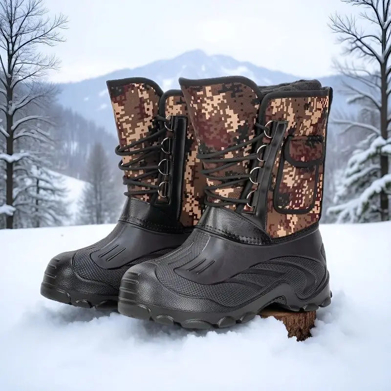 Men High‑top Winter Snow Boots Waterproof Non‑Slip Short Plush Lined Warm Lace‑Up Outdoor Hiking Fishing Camouflage Boots