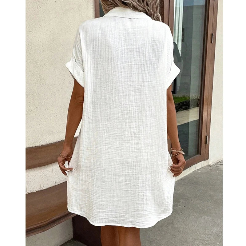 Vintage Women Solid Mini Dress Summer Fashion V-neck Three Quater Sleeve Cotton Linen Dress Ladies Casual Holiday Vestidos