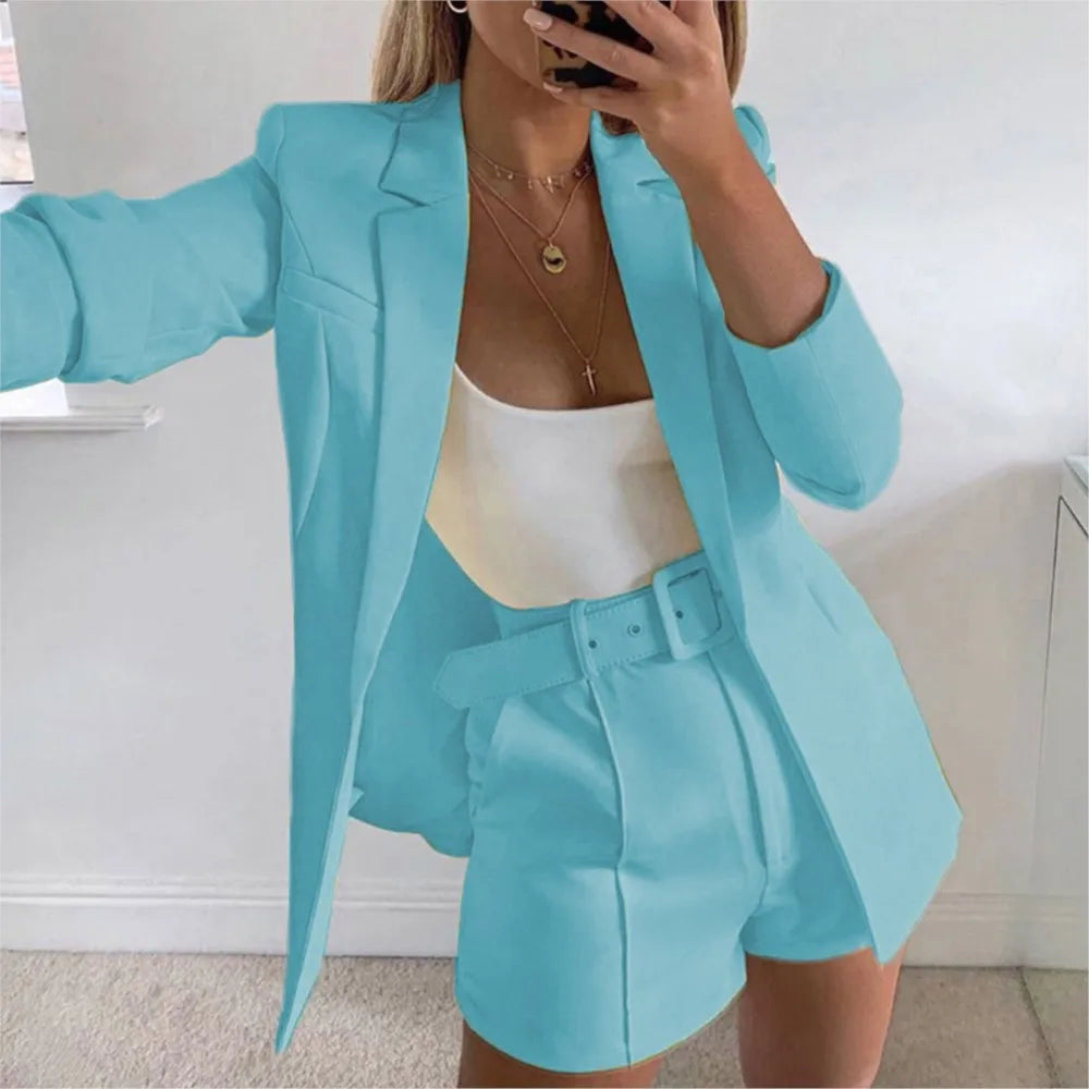 Women's Fashion Suit Two-piece Sets Lapel Long Sleeve Cardigan Top+Shorts 2025 Spring And Autumn Sexy Suit Casual Office Ladies