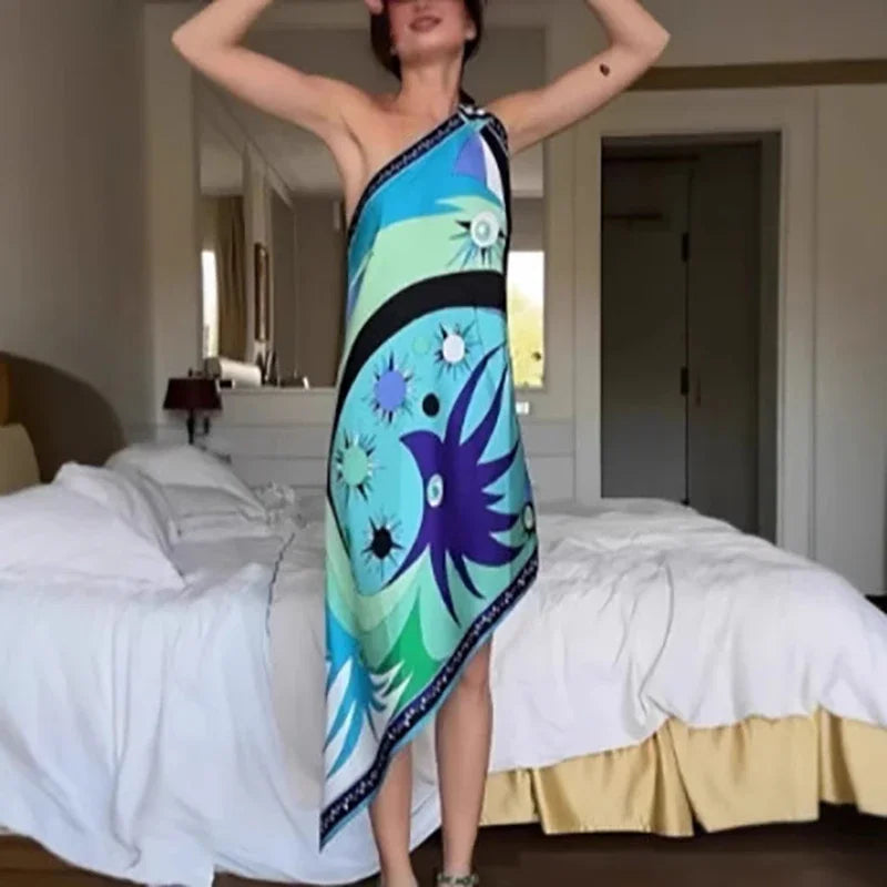 Vestidos Mujer Sexy One-shoulder Straps Dress Woman Spring Print Irregular Satin Dress Summer Skew Collar Vacation Beach Dresses