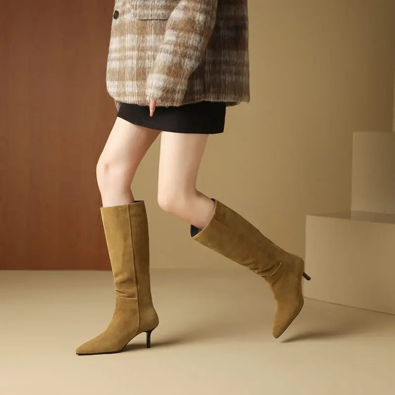 MORAZORA Size 34-42 Cow Suede Leather Stiletto High Heels Handmade Rero Knee High Boots Winter Fashion Casual Botas Ladies Shoes