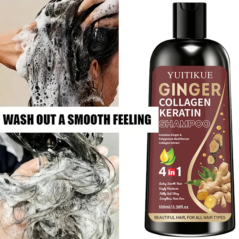 YUITIKUE 4-in-1 Ginger Collagen Keratin Shampoo 100ml with Polygonum Multiflorum for All Hair Types