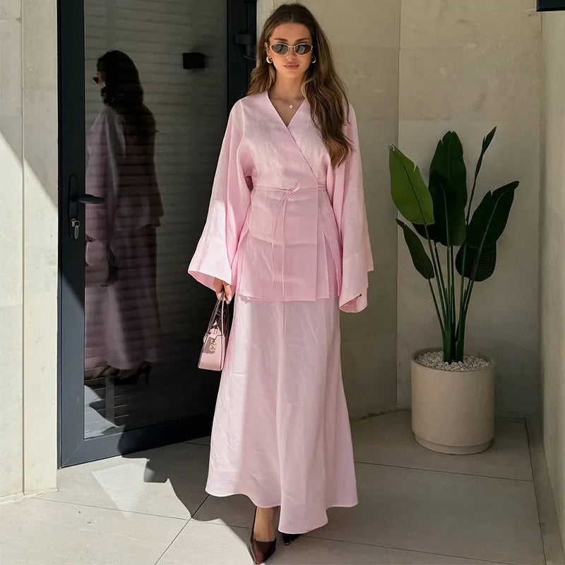 Tuularos Casual Dress Set Solid V Neck Lace-up Long Sleeve Cardigan High Waist Skirt Set Loose Vacation Fashion Women Dress Sets