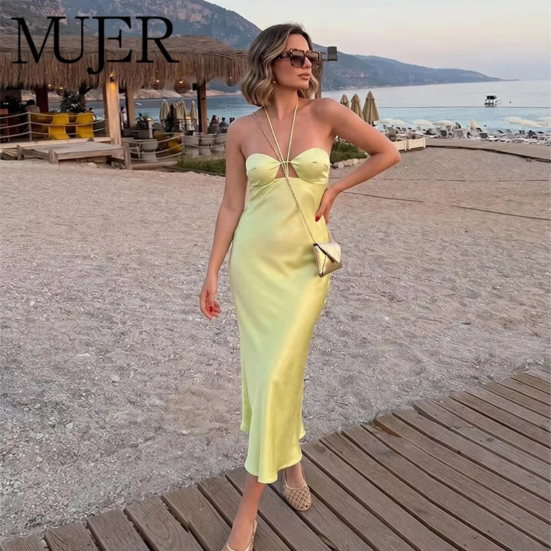 MUJER Sexy Satin Long Dresses for Women off Shoulder Corset Dress Woman Summer Party Midi Dress Women Beach Halter Women's Dress