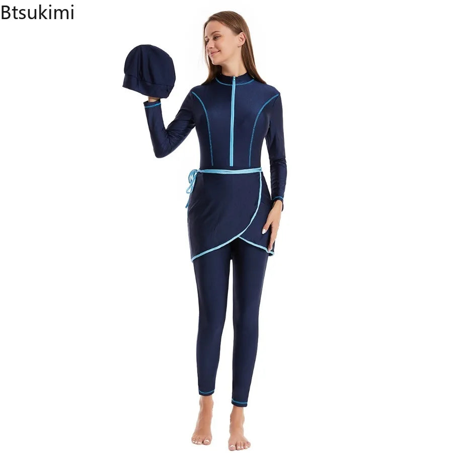 2026 Muslim Modest Swimwears with Hijab Women's Beach Swimsuit 3-pieces Islamic Long Sleeve Swimming Suit for Women Bathing Swim
