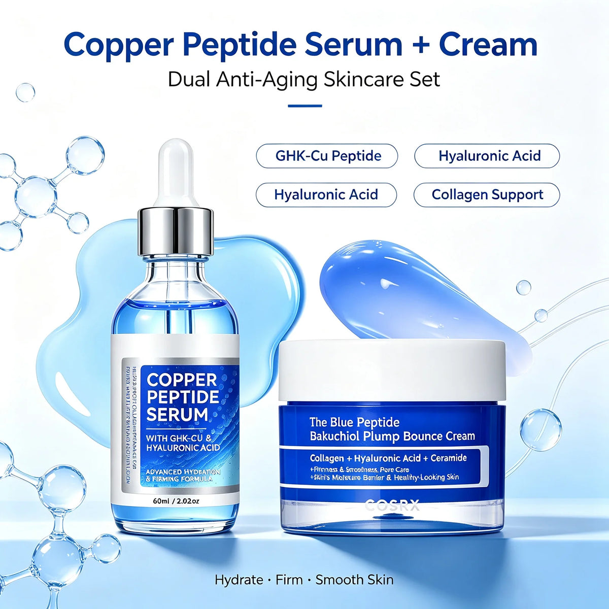 Korean Copper Peptide Skincare Set – GHK-Cu Firming Serum 60ml + Bakuchiol Multi-Peptide Cream Hydrating & Plumping Face Care