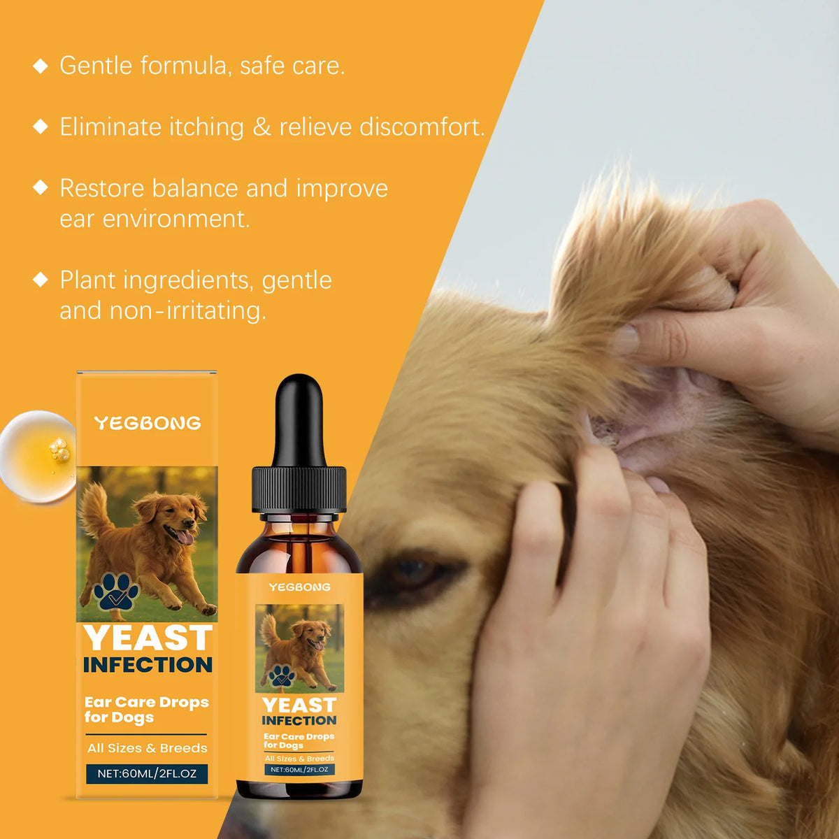 60ml Dog Ear Care Drops Relieve Itching Dandruff Reduce Odor Anti-Fungals Earwax Remover No Irritating Pet Ear Cleaner Liquid