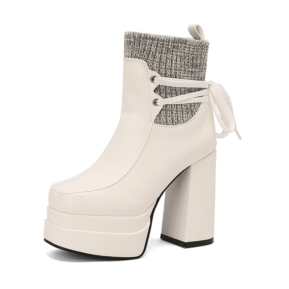 Botas De Mujer Spring Autumn Short Boots Womenthick High Heels Dress Round Head Goth Platform Boots Plus Size 34-50 338-35