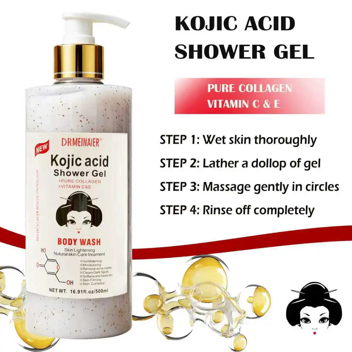 500ml Kojic Acid Shower Gel Deep Cleansing Brighten Skin Body Wash Skin Whitening Exfoliator Body Care Moisturizing Skincare