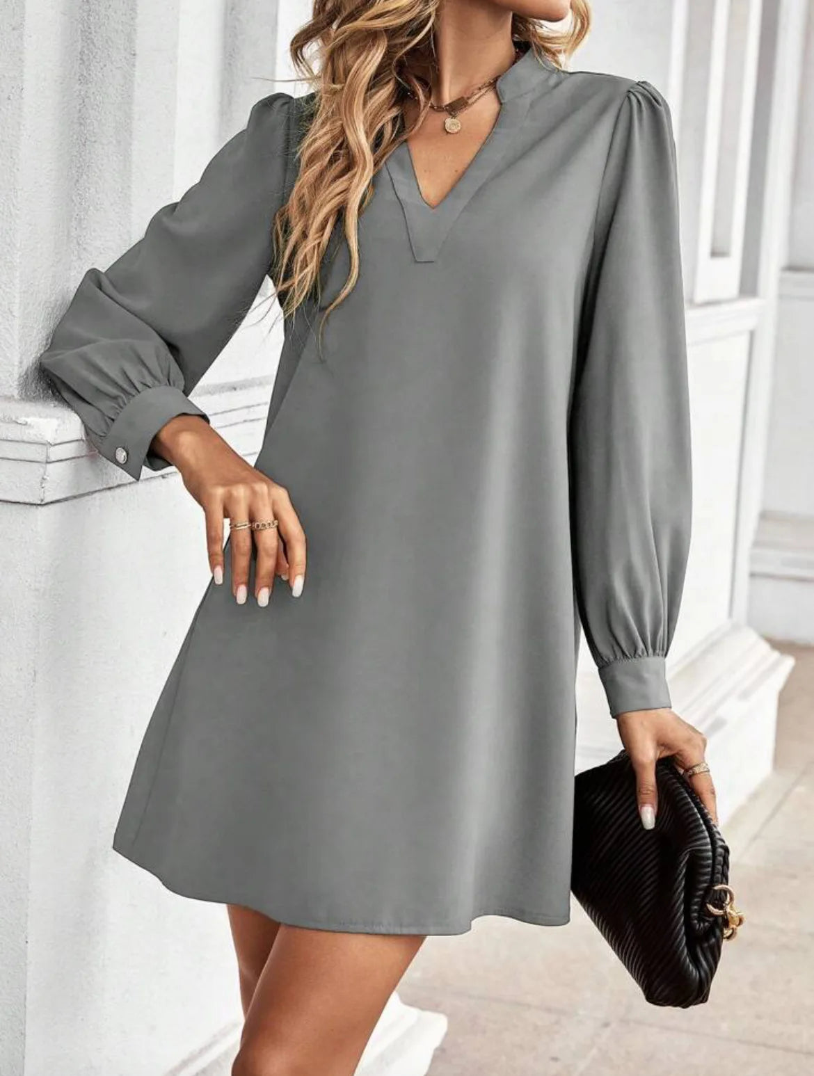 Office Lady Shirt Style Dresses Women's V-neck Long Sleeved Mini Dress Spring Autumn Solid Color Work Clothes