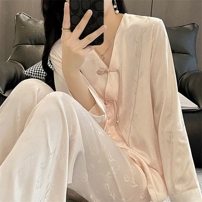 Pijama Feminino Fashion New Silk Satin Sleepwear Set Vintage Style Home Clothing Autumn Winter Pajamas For Women Sleeping Wear