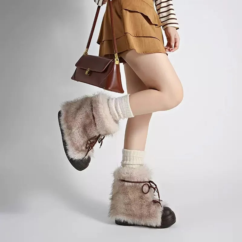 Retro Trendy Hairy Snow Boots for Women in Winter 2025,Fashion Warm,Cold Resistant,Thick Soled,Height Increasing Platform Boots